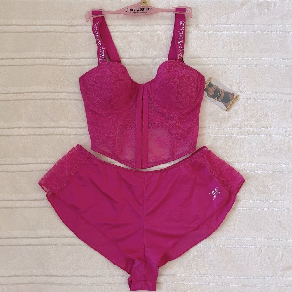 Juicy Couture 2Pc Fuschia Pink Lace Corset & Luxe Short 34C / Medium